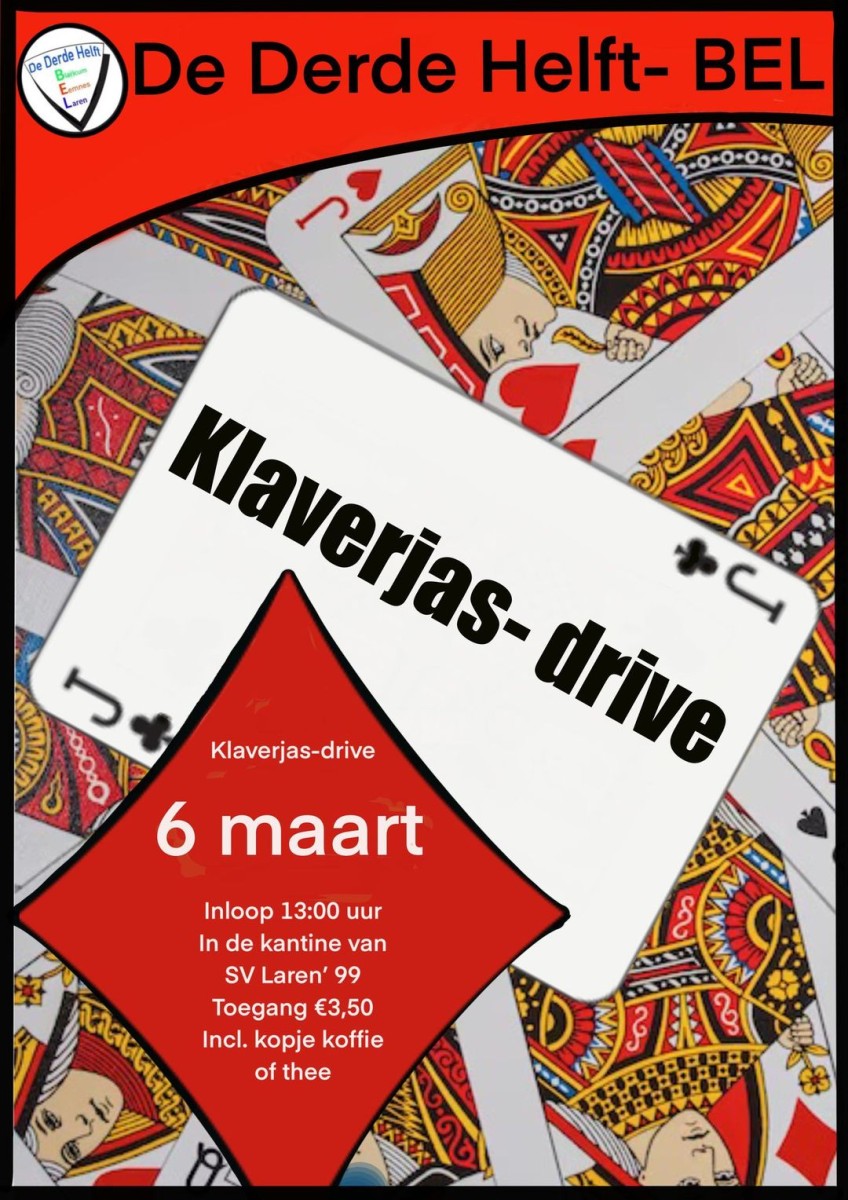 Woensdag klaverjas-drive bij Derde Helft