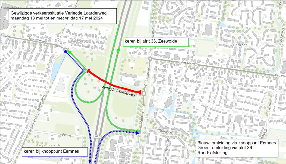 De Verlegde Laarderweg is van maandag 13 mei 06.00 uur tot en met vrijdag 17 mei 17.00 uur dicht voor al het verkeer