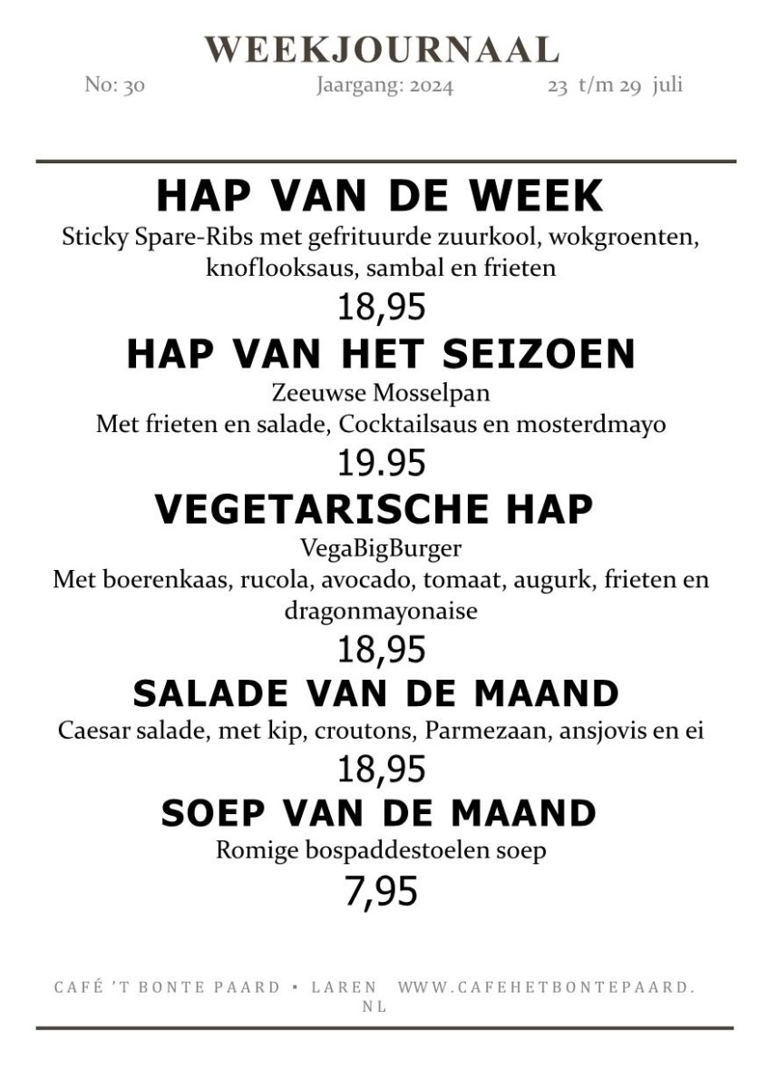 Weekmenu ‘t Bonte Paard…