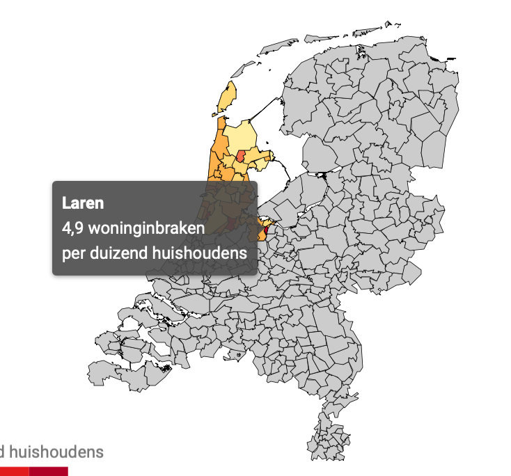 NH Nieuws: Laren in Noord-Holland, maar ook landelijk waar (gecorrigeerd voor het aantal huishoudens) het vaakst wordt ingebroken.