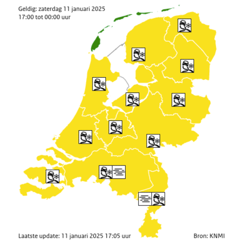 Code geel in bijna hele land om gladheid: zaterdag 20.00 uur tot zondag 10.00 uur