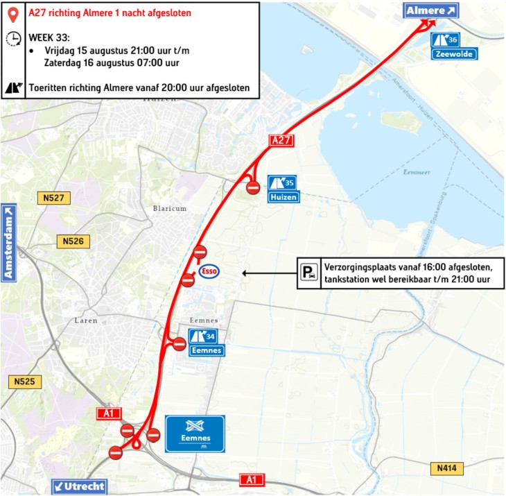 a27 richting Almere vannacht tijdelijk afgesloten!