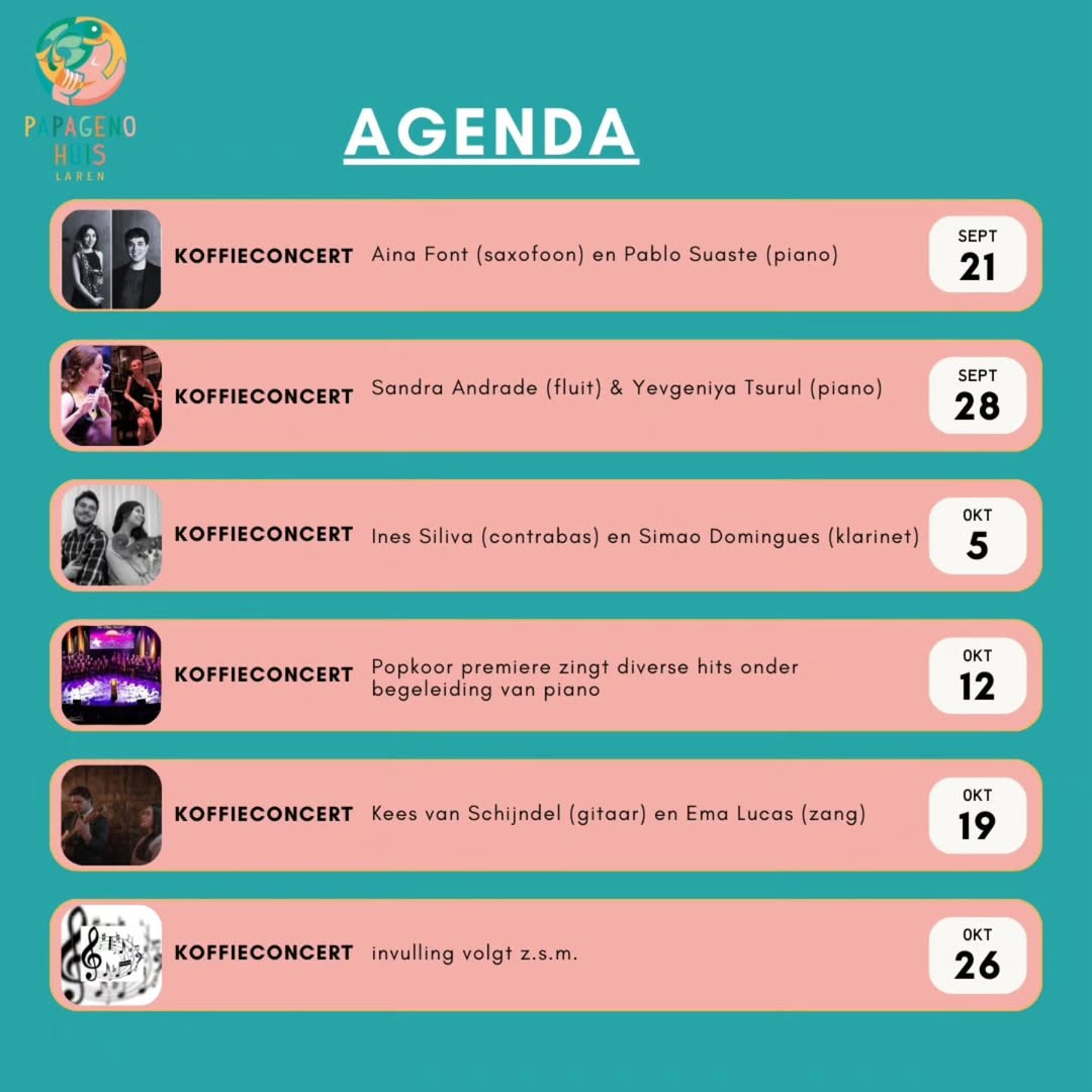 Komende zondagochtend concerten in Papageno Huis