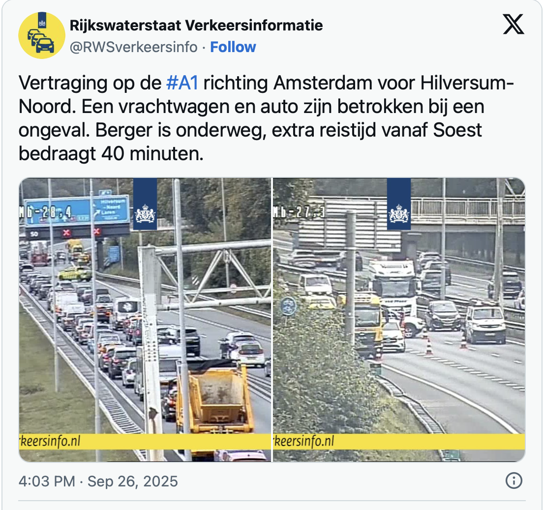 Verkeersoverlast door botsing met vrachtwagen op A1 bij Laren