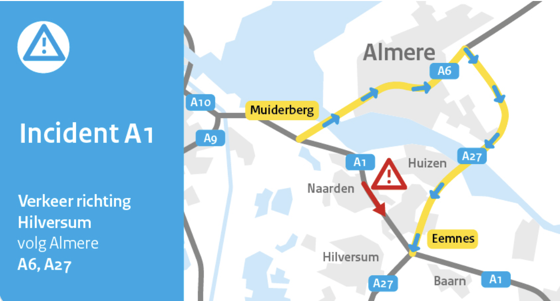 A1 bij Naarden weer open na voertuigbrand [update]