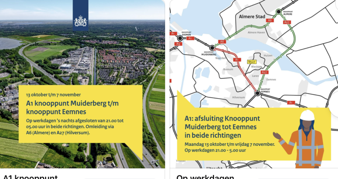 Let op! A1 afgesloten tussen knooppunt Muiderberg en knooppunt Eemnes