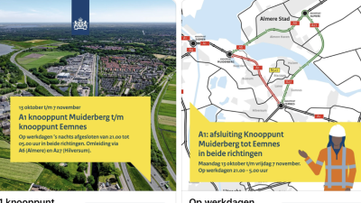Let op! A1 afgesloten tussen knooppunt Muiderberg en knooppunt Eemnes