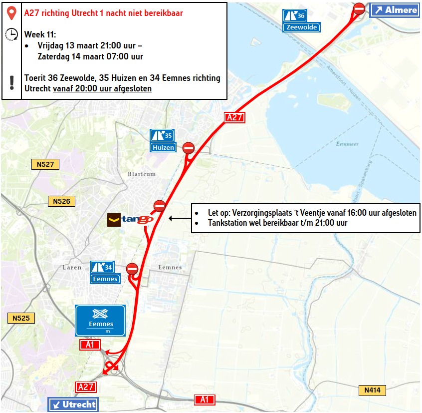 Let op! Wegafsluiting A27