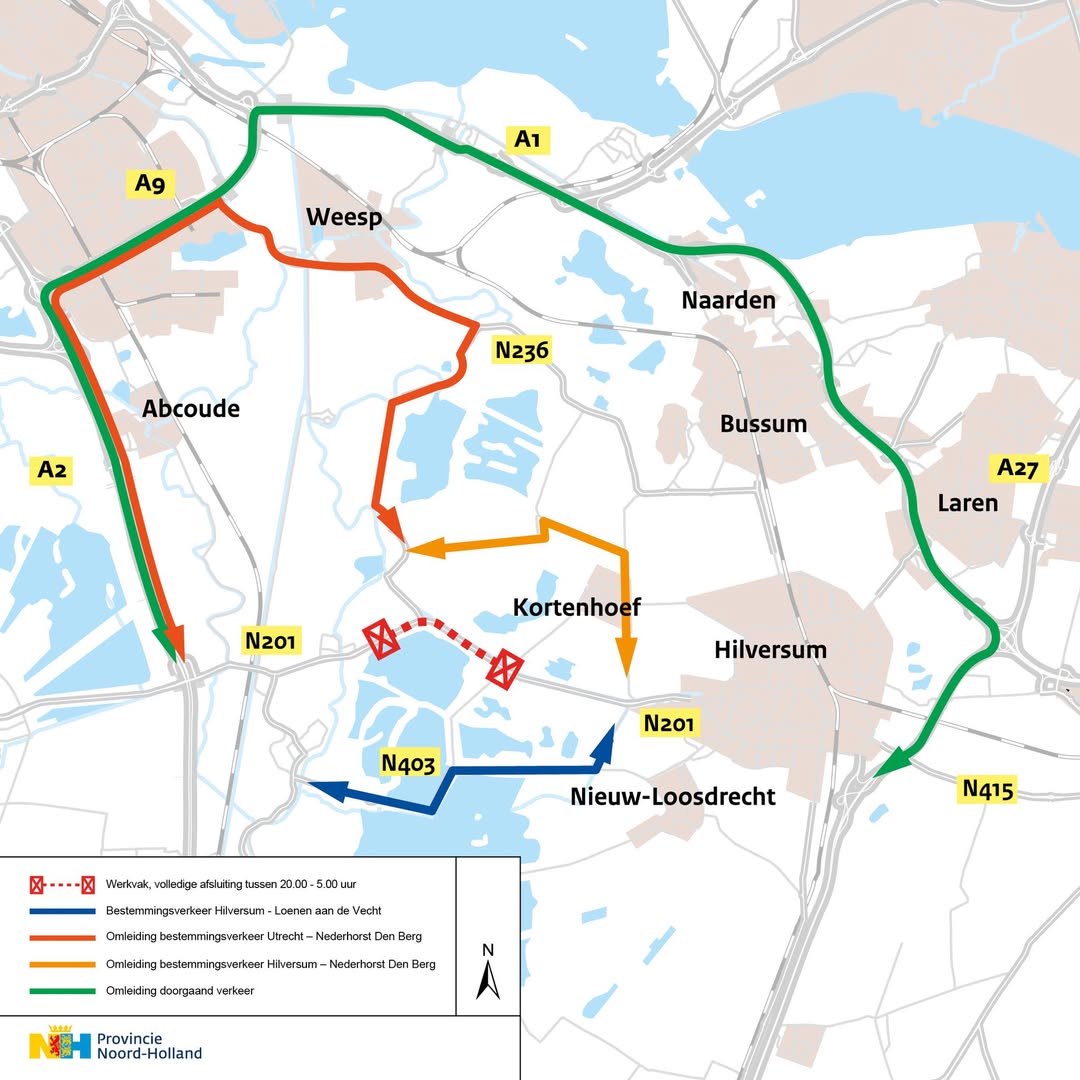 Vanavond start fase 2 van het onderhoud aan de #N201 tussen Hilversum en Vreeland.