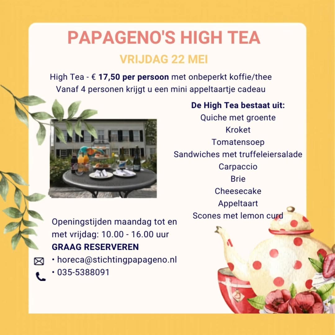 Kom je vrijdag 22 mei smullen en thee drinken in het Papageno Huis?