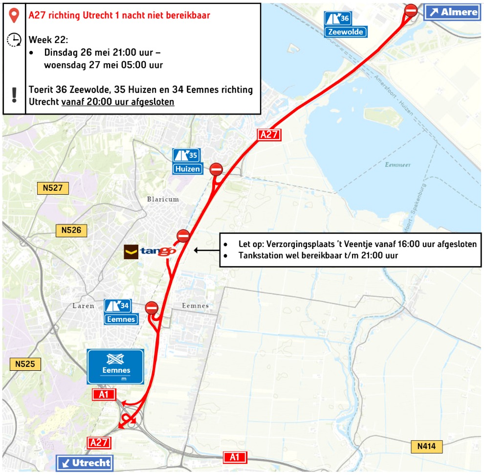 In de nacht van dinsdag 26 mei is de A27 vanaf afrit 36 Zeewolde tot en met knooppunt Eemnes tijdelijk afgesloten