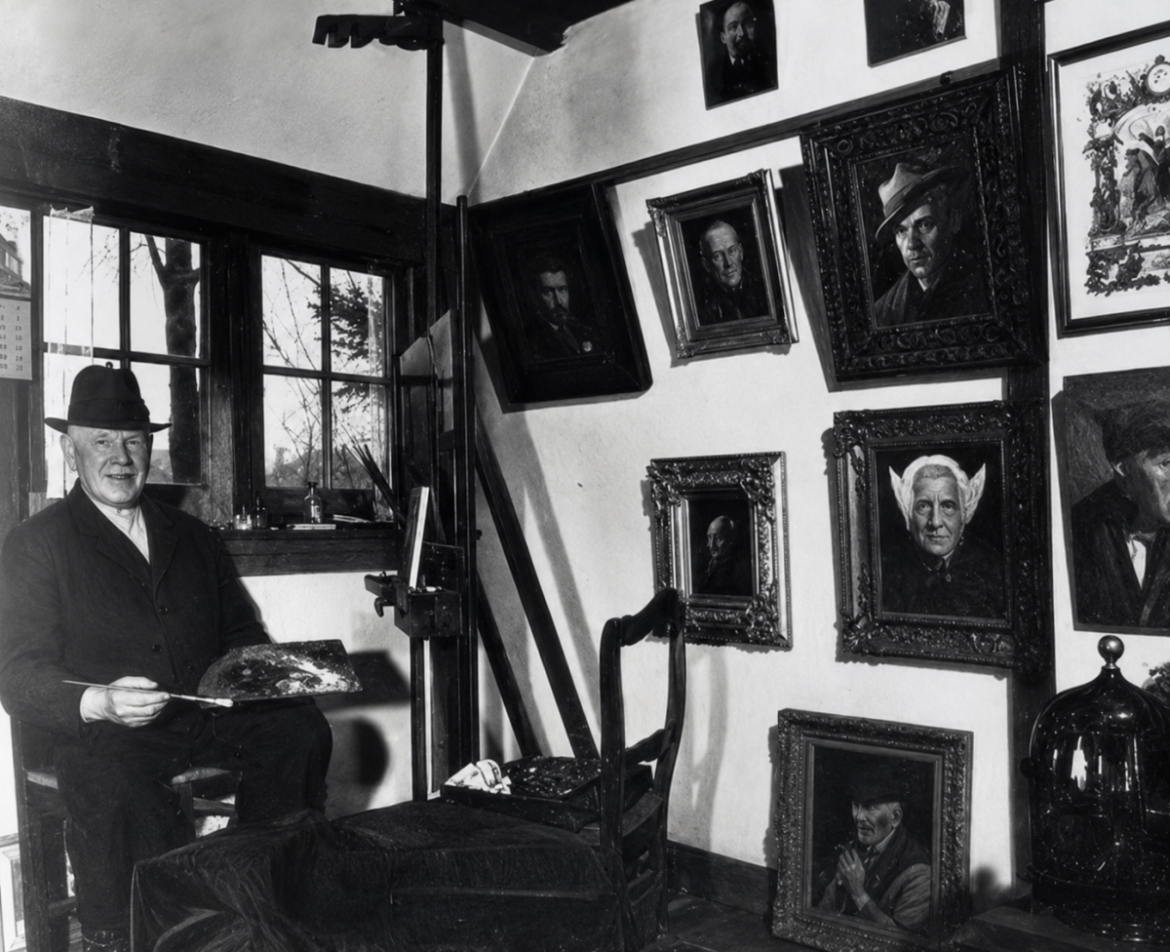 Wie is…en waar?  Oplossing: Jan Smit (1879-1968), de boerenschilder in zijn atelier achter de Boerenhof/het huidige Loetje