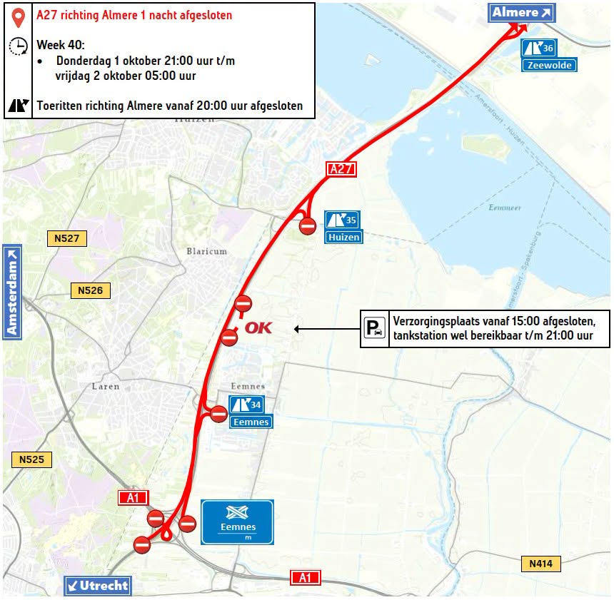 Let op! Wegafsluiting A27 richting Almer