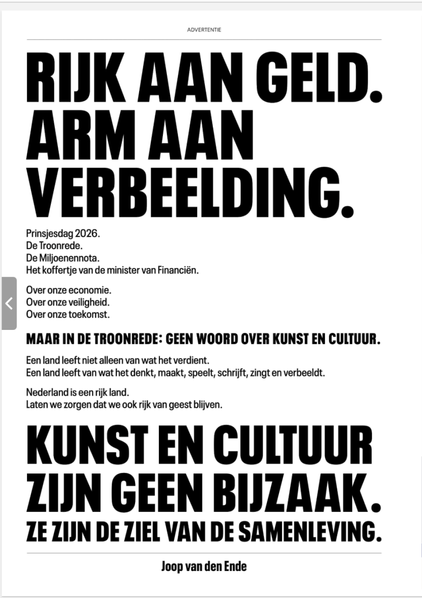 Joop vd Ende uit in advertentie kritiek op gebrek aan aandacht voor cultuur in troonrede