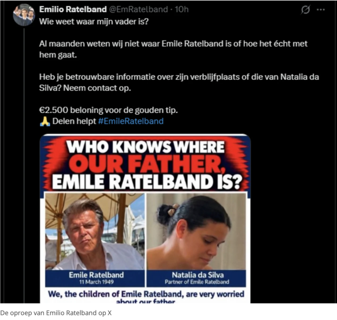 Net halfzus Minou heeft ook Emilio Ratelband op sociale media een oproep voor de gouden tip in  zoektocht naar vader Emile.